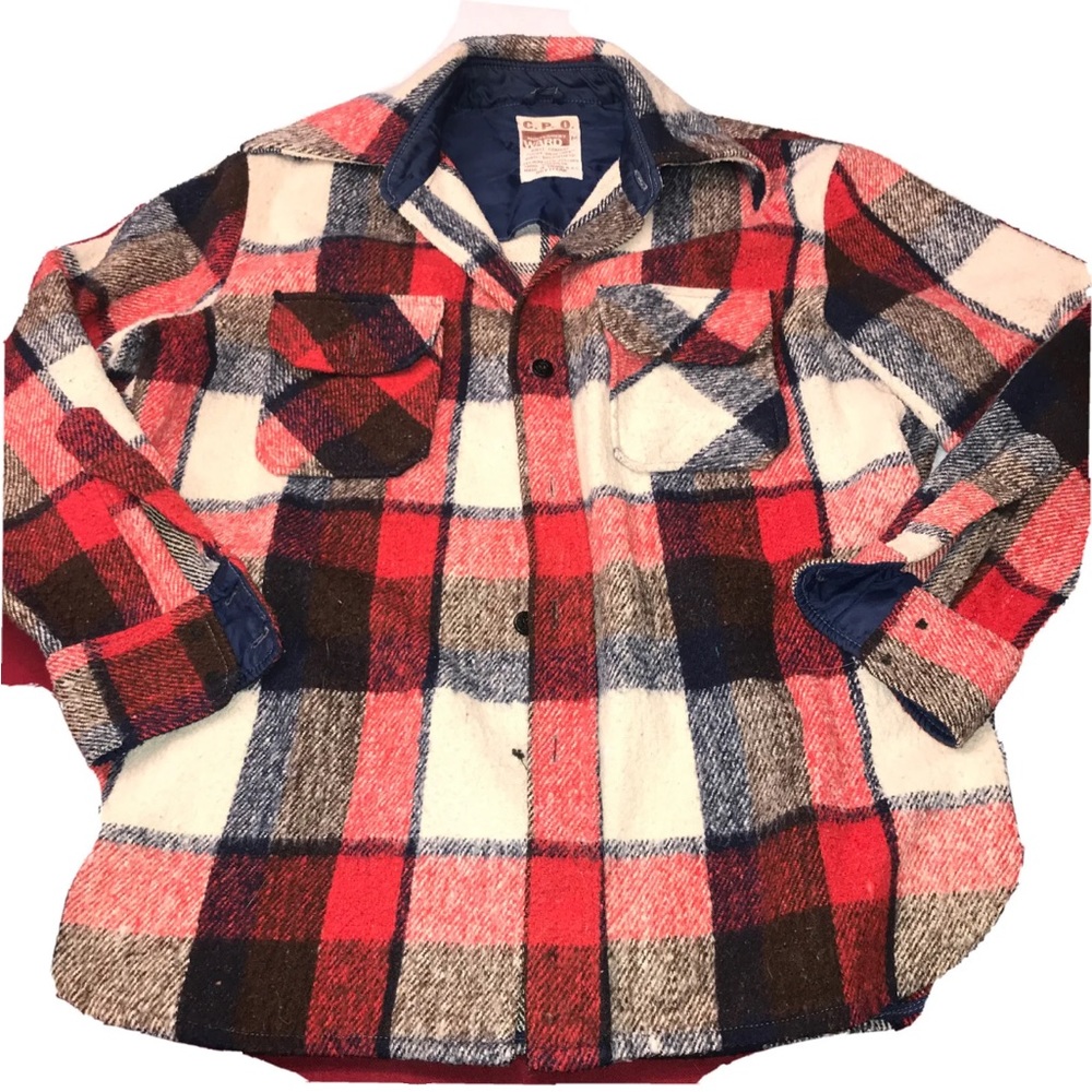 Vintage CPO red WIDE PLAID wool JACKET montgomery Ward Flannel anchor buttons M